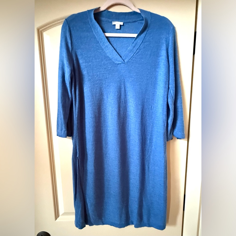 J. Jill Linen Sz S Blue Knit Tunic Top Side Splits Lagenlook Luxury Old Money